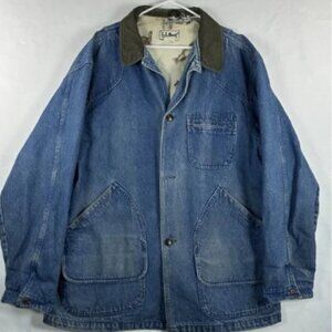 VTG LL Bean Chore Coat Men 2XL Blue Denim Barn Animal Print Liner Distressed USA